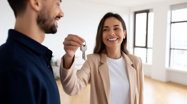 Smiling female real estate agent handing apartment key to male client in bright empty renovated room. Successful property handover concept after completed turnkey renovation service delivery.