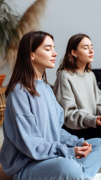 Two young women meditating together indoors with closed eyes in cozy home setting, depicting mental health, mindfulness, meditation practice and inner peace wellness concept.