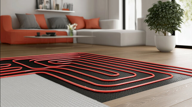Red heating pipe laid in serpentine pattern on black insulation mat during underfloor heating installation in modern living room with wooden floor, sofa and plant visible in background.