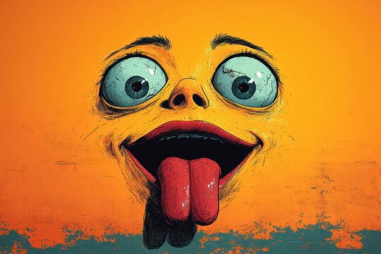 Zoomed-in goofy face with tongue out and crossed eyes on a bright orange background