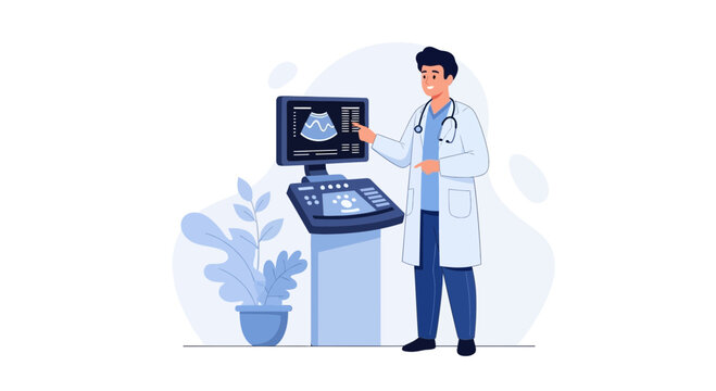 Veterinarian examines ultrasound scan of a pet in modern clinic, illustration