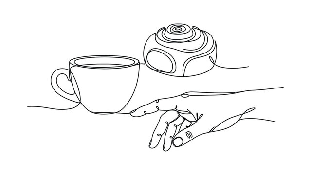 Continuous line art of a coffee cup with a cinnamon roll and hand.