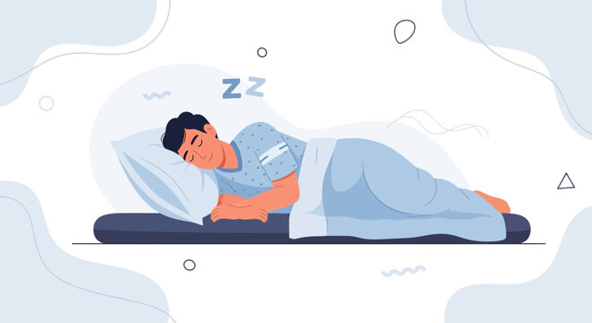 Man sleeping soundly on a pillow, relaxing and resting at night. Peaceful slumber concept.