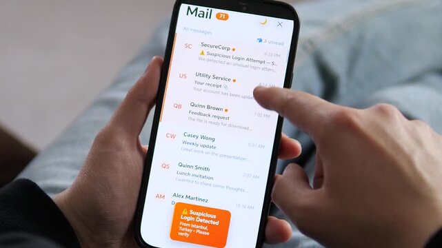 Mobile email app featuring a hacking attempt alert. Close-up of hands holding a phone with a critical security warning. Ideal for cybersecurity documentaries, fintech security presentations, and