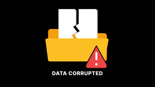Data Corrupted Folder Icon with Torn White Documents and Exclamation Warning Triangle Element on Black Background Motion Graphics