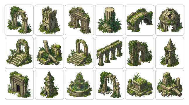 A collection of mossy decorative garden elements featuring various stone structures and plants in a scenic outdoor setting with arches, walls, and columns.