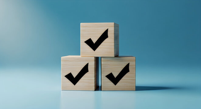 Three wooden blocks with checkmarks on a blue background