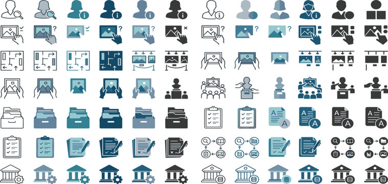 Document Management and User Interface Icon Set Featuring File Organization, Image Upload, Administration, Banking, Checklist, and Digital Workflow Symbols