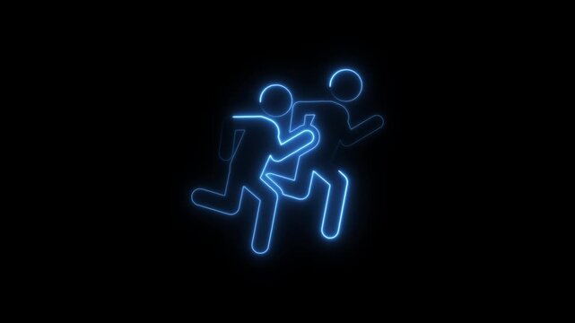 Neon relay race animation: blue glowing stick figures passing baton for sports and teamwork concepts