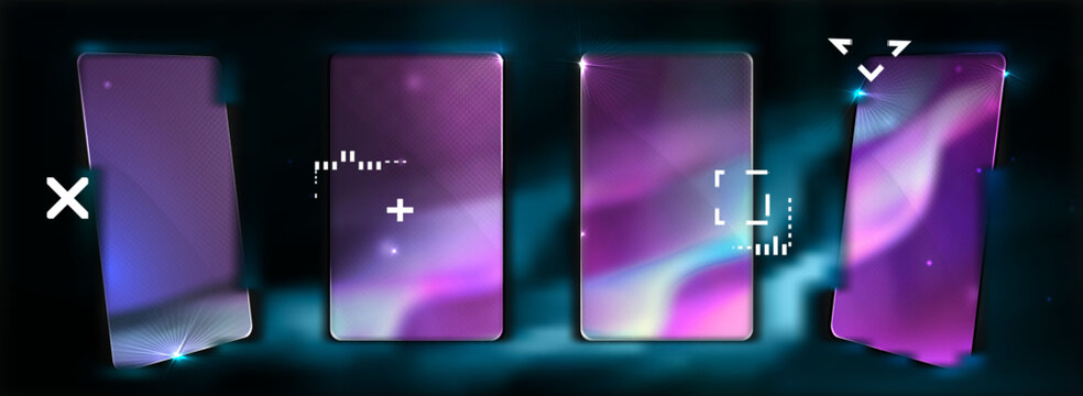 Abstract futuristic vector smartphone mockup set with blue and purple neon glow and digital light effects on dark background for modern technology presentation and mobile app UI design display