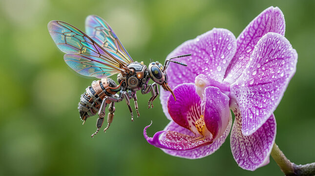 Integrated Bionics: a steampunk drone bee with circuitry-patterned wings approaching a dewy orchid