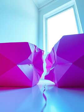 Azure and magenta geometric shards fracture, mimicking phonetic pairings in a vibrant, distorted perspective,  creative,  homophones