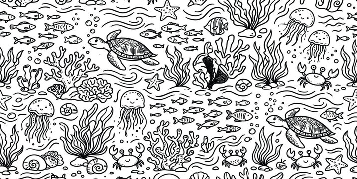 Marine Life Seamless Pattern Featuring Sea Turtles, Jellyfish, Coral Reefs, Tropical Fish, Crabs, and Ocean Underwater Nature Doodle Illustration Background