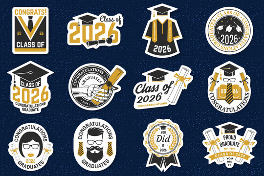 Class of 2026 graduation sticker pack with retro badges, diploma patches and graduate emblems. Vintage academic vector collection for celebration, apparel and school design
