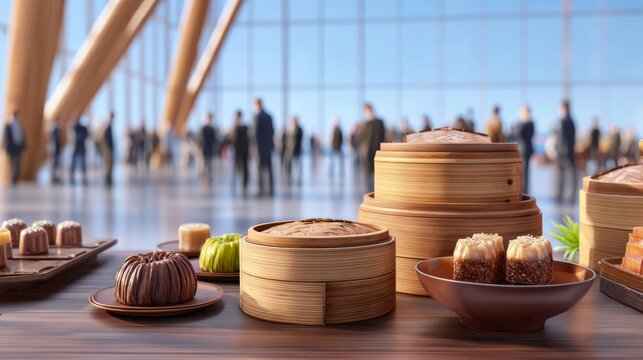 Bamboo steam basket with variety of dim sum dishes in modern lobby setting