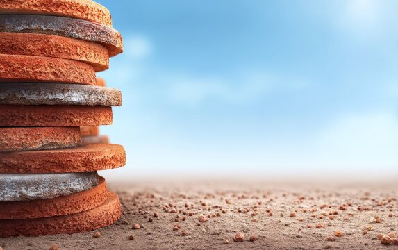 Stacked Clay Roof Tiles Forming a Layer Against a Blue Sky