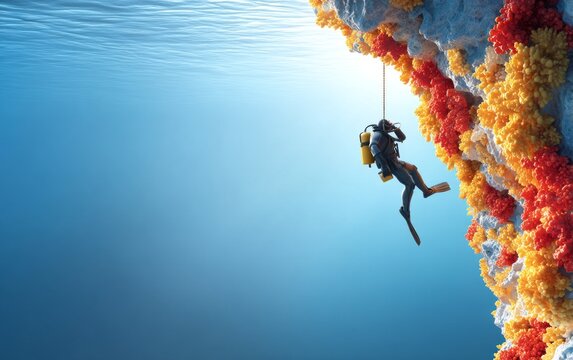 Diver Descending Along a Vertical Coral Wall in Crystal Clear Water