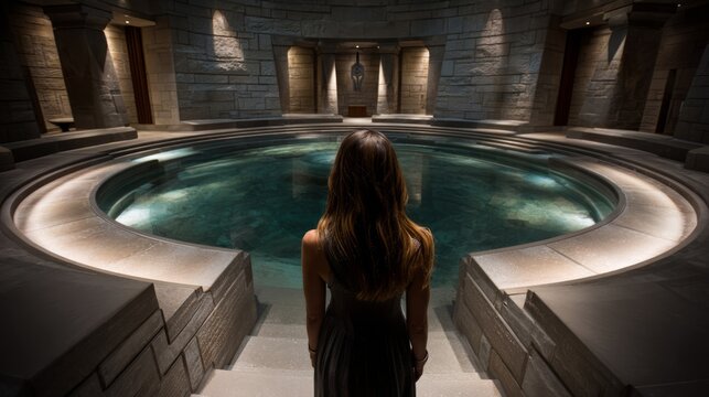 Woman Stepping Toward a Large Recessed Baptism Pool in Calm Setting