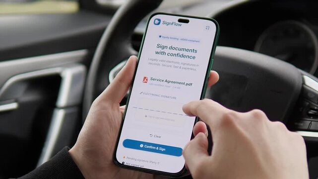 Signing legal documents with confidence using a smartphone. Modern entrepreneur using e-signature technology for a PDF agreement while traveling. Perfect for remote business, logistics, and corporate