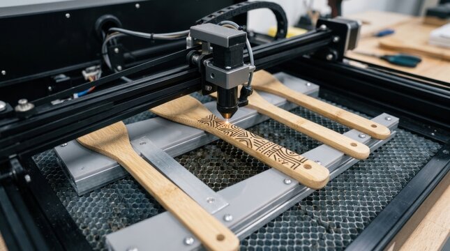 Laser engraving machine etches patterns on wooden cooking spoons in workshop environment