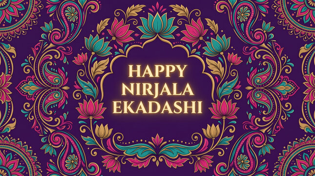 Vibrant Nirjala Ekadashi celebration with lotus flowers and floral patterns