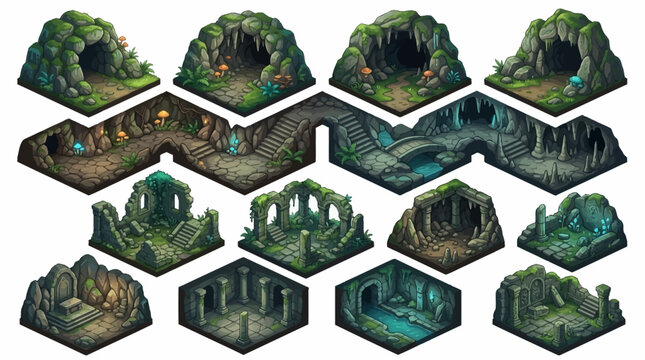 Isometric vector icon sheet featuring moss covered ruins with arches and overgrown structures in a landscape setting with various architectural elements and vegetation.