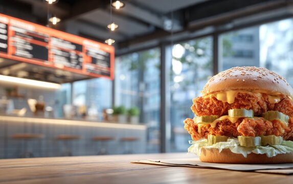 Crispy fried chicken sandwich with lettuce and pickles on wooden table