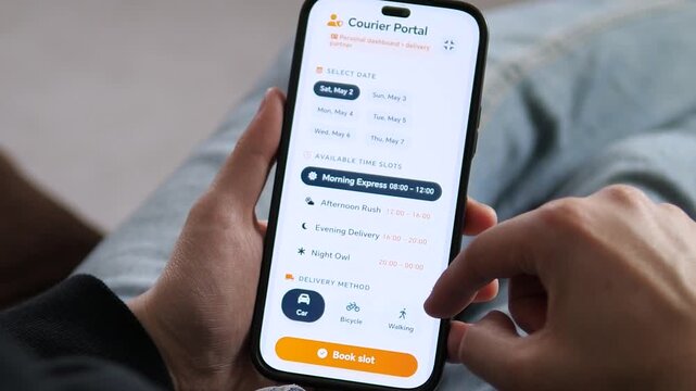 Courier booking a shift on the Courier Portal app. Choosing Morning Express slot and Car delivery method. Ideal for gig economy, logistics, and delivery service marketing. Professional UI, UX demo for