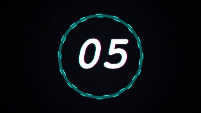 Futuristic digital countdown timer from 09 to 06 with glowing cyan HUD circle and glitch effect on dark background