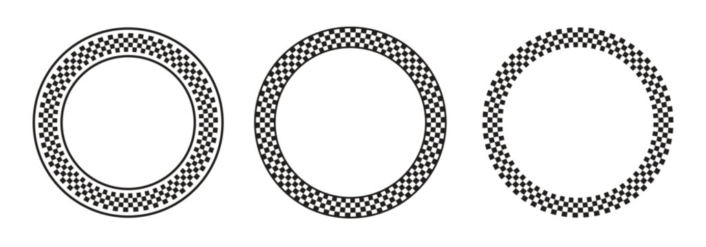 Circle checker frames. Round checkered borders, racing flag circle for start and finish. Geometric warped grid rings, radial mosaic vector set