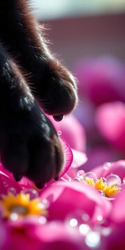 Midnight velvet paws poised on luminous dew-kissed petals, a vibrant abstract dream,  surreal,  dream