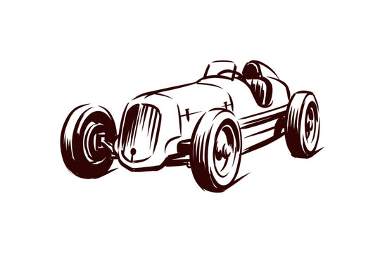 Classic vintage race car hand drawn sketch. Retro open-wheel speedster illustration. Antique sports car vector art. Automotive racing concept.