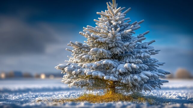 Snow-Covered Pine Tree Centered in a Wide Snowy Field