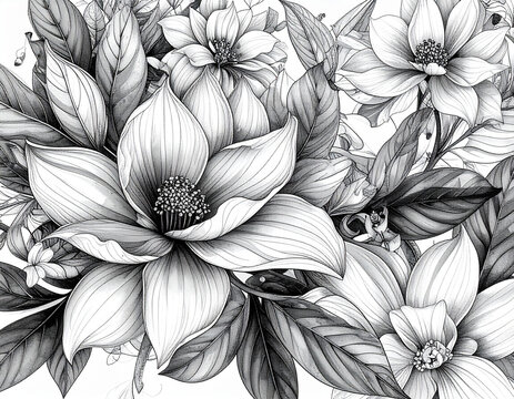 Exquisite black and white floral illustration with magnolia flowers.