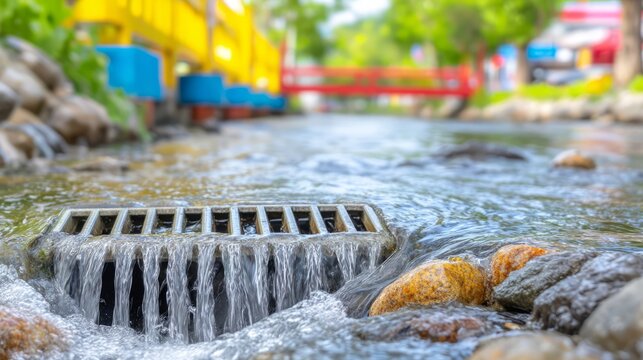 Close-up of flowing water through metal grate in small outdoor creek