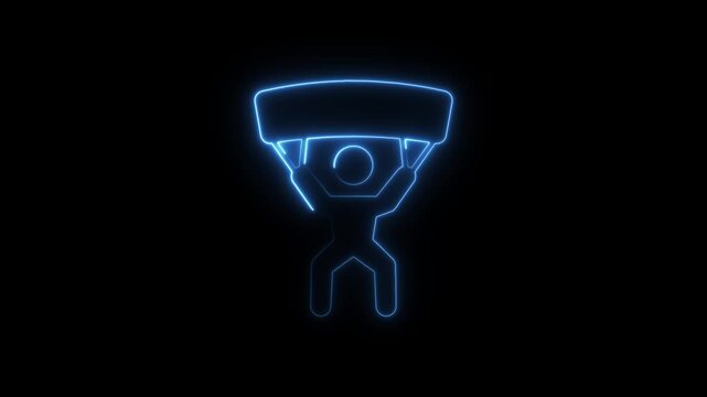 Neon parachutist animation: glowing blue skydiving symbol for extreme sports and adventure tech skydiver