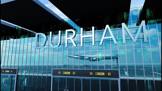 Airlane landing at Durham, USA. Arrival in the city with reflection of airport and aircraft