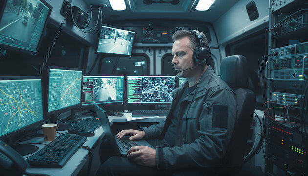 Security operator monitoring digital screens inside a mobile command center surveillance van