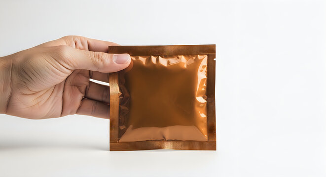 Hand holding a gold colored condom wrapper