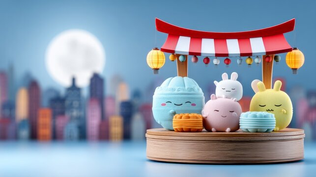 Cute colorful steamed bun cartoon characters under lantern festival arch