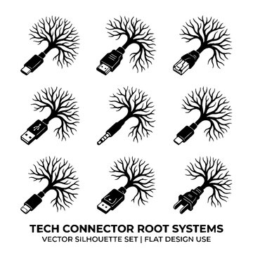 Black usb connectors with tree roots.