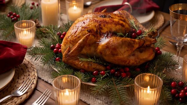 Roasted Golden Turkey on a Festive Decorated Table with Candles Representing a Warm Family Thanksgiving Dinner Celebration