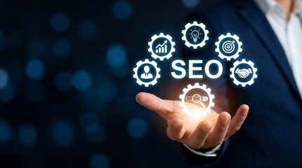 Obraz premium SEO Digital Marketing Strategy concept for online business growth and web optimization success, featuring modern glowing technology icons, ideal for presentations and advertising
