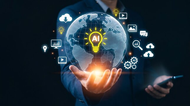 Artificial Intelligence powered global technology advancing digital transformation and smart business growth, representing future innovation and interconnected data intelligence worldwide