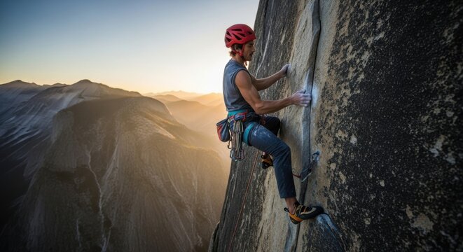 Young man rock climbing on a cliff in nature during an outdoor adventure with rope and safety gear