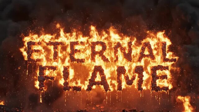 Fiery text 'ETERNAL FLAME' engulfed in intense inferno with glowing embers and dark smoky atmosphere, conveying powerful and everlasting energy