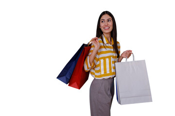 Happy woman holding shopping bags looking away, enjoying shopping spree and retail therapy,...