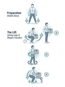 Illustration of proper lifting techniques demonstrating preparation, lift, and transfer steps