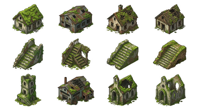 Isometric vector icons depict a moss covered old house and building ruins collection with crumbling walls and stairs in a state of disrepair and nature reclaiming structures.