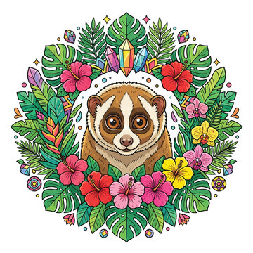 Adorable Slow Loris in Tropical Floral Mandala with Hibiscus and Crystals Vector Illustration